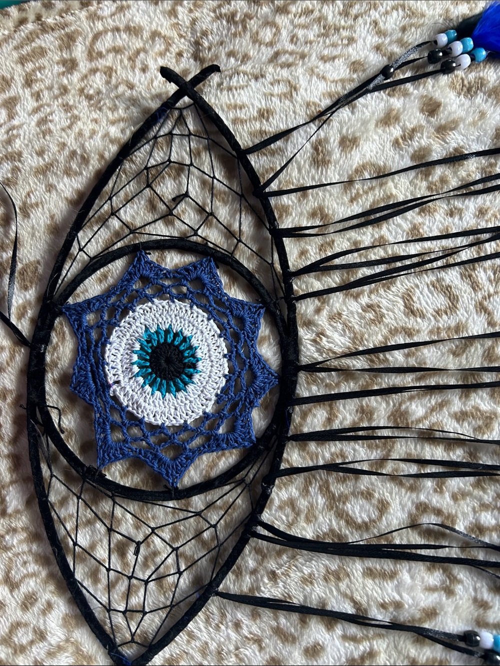 Handmade Evil Eye Dreamcatcher with Blue & Black beads - Feathers - Picture 2 of 6